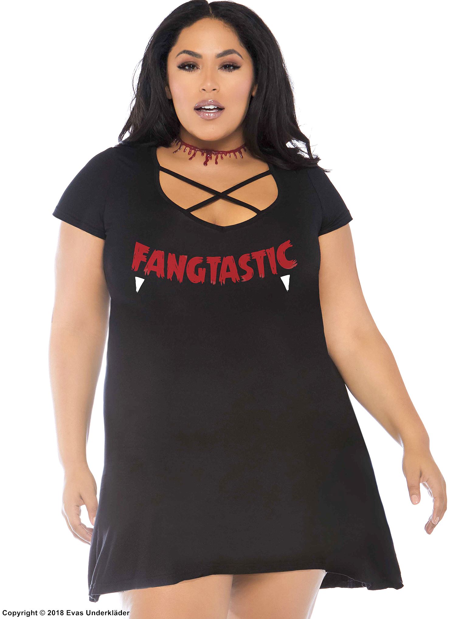 Kvinnelig vampyr, kostyme-kjole, korte ermer, ensfarget bakside, kryssende stropper, XL til 4XL